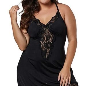 Plus size satin nightgown in black with lace detailing for comfortable and elegant sleepwear