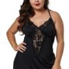 Plus size satin nightgown for women with lace detailing and adjustable straps in black