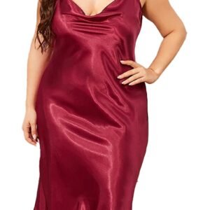 Plus size satin nightgown for women in deep burgundy with adjustable straps and a flattering fit