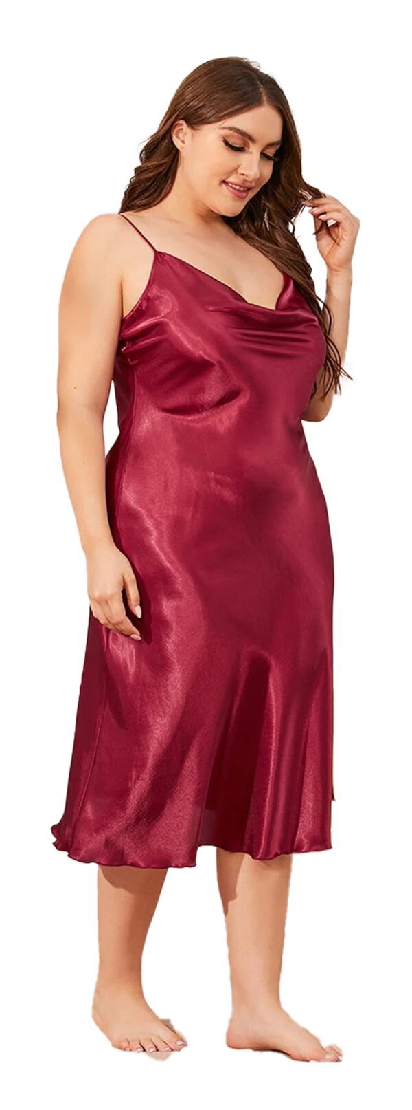 Burgundy plus size satin nightgown for women with a soft drape and adjustable straps