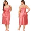 Plus size satin nightgown for women in soft peach hue with adjustable spaghetti straps