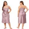 Plus size satin nightgown for women in soft lavender color with adjustable straps and flowy design