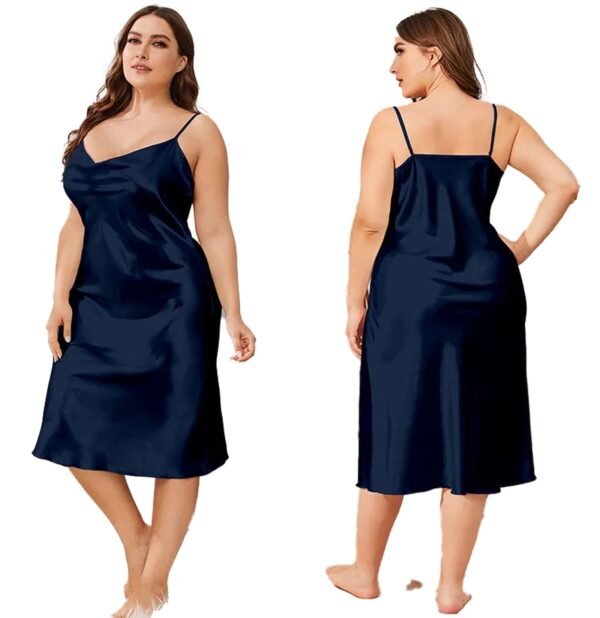 Plus Size Satin Nightgown For Women 8 Plus Size Satin Nightgown For Women Plus size satin nightgown for women in navy blue with adjustable spaghetti straps and a flowing silhouette