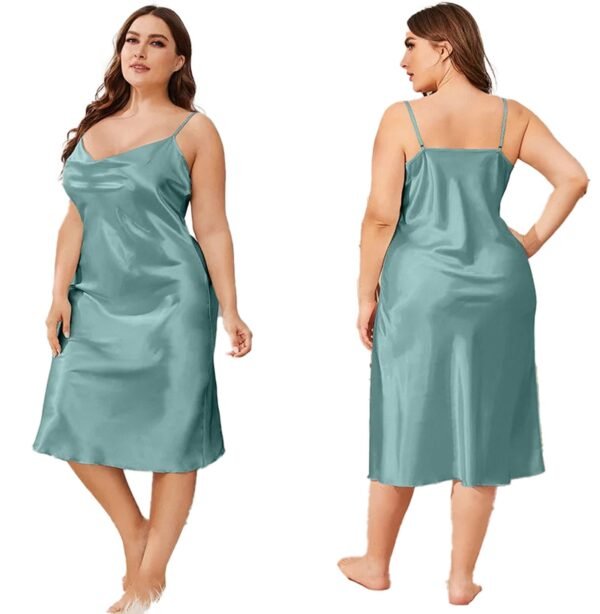 Plus Size Satin Nightgown For Women 1 Plus Size Satin Nightgown For Women Plus size satin nightgown for women in teal, featuring adjustable straps and a relaxed fit