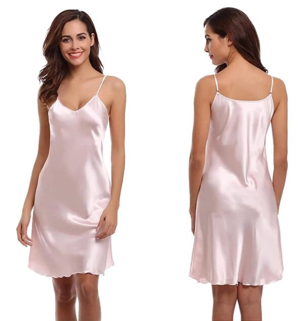 Elegant plus size satin nightgown in soft pink, featuring adjustable straps for a comfortable fit