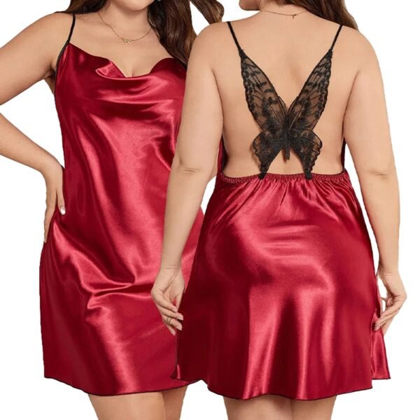 Plus Size Satin Nightgown With Lace Back 24 Plus Size Satin Nightgown With Lace Back Plus size satin nightgown in red featuring a lace butterfly back design for elegant comfort