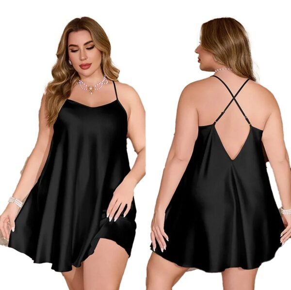 LuckeLadybug plus size satin sleepwear for women in black with a stylish back design