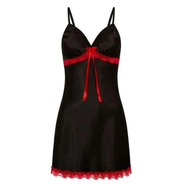 LuckeLadybug LLC plus size sexy nightgown for women in black with red lace and ribbon accents