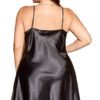 Plus size sexy spaghetti strap nightgown in shiny black fabric from LuckeLadybug LLC, featuring a flattering fit