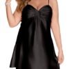 Plus size silk satin nightgown in black with a stylish bow detail and adjustable straps