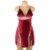 Plus size velvet lingerie babydoll in red with lace trim and stylish slit design for a seductive look