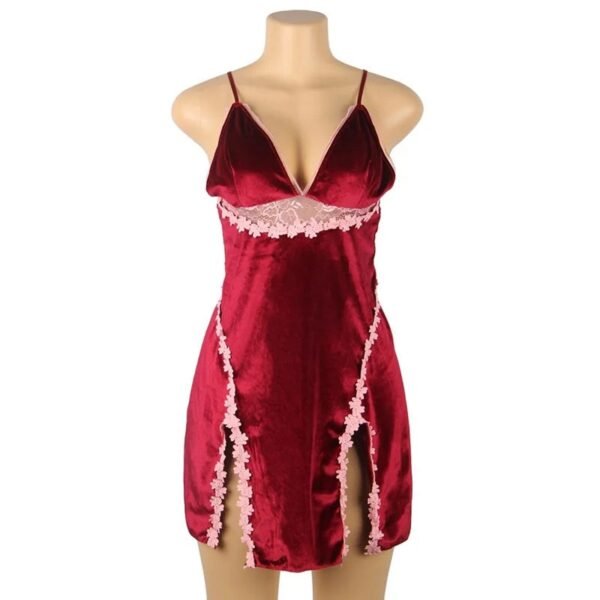 Plus size velvet lingerie babydoll in red with lace trim and stylish slit design for a seductive look