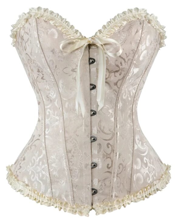 Elegant ivory plus size vintage corset for women with delicate ruffle trim and satin ties