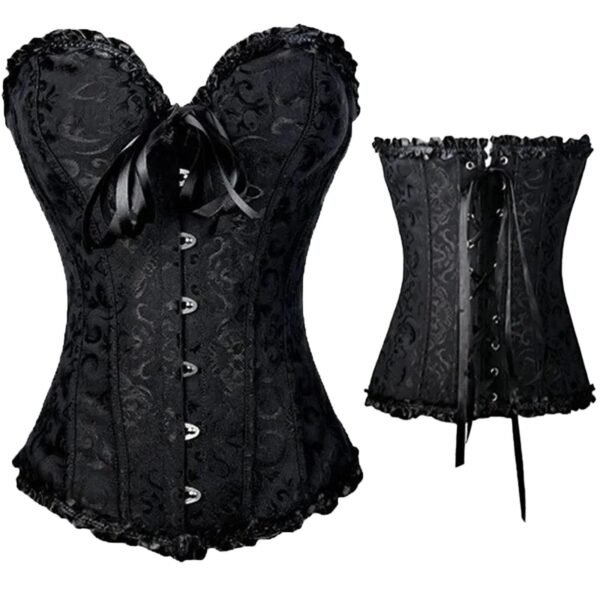 Elegant black plus size vintage corset for women with lace trim and ribbon detail