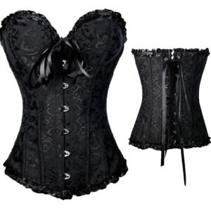 Elegant black plus size vintage corset for women with lace details and ribbon ties