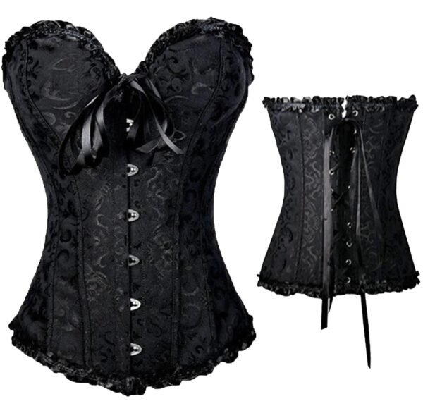 Elegant black plus size vintage corset for women with lace details and ribbon ties