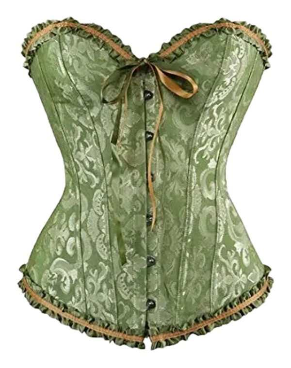 Plus size vintage corset for women in green with elegant lace detail and adjustable ribbon ties
