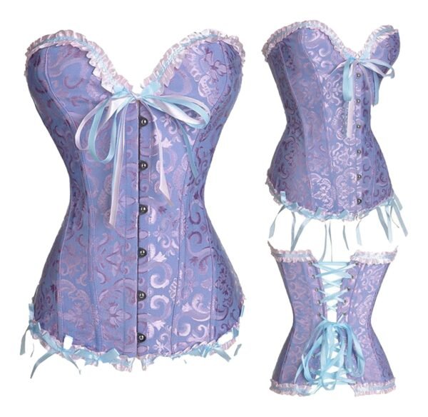 Plus size vintage corset for women in light purple with lace trim and bow detailing