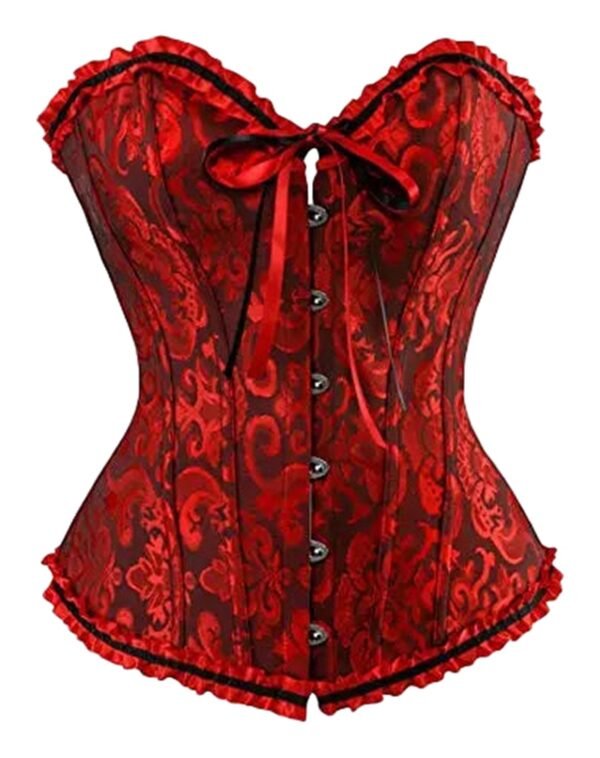 Luxurious red vintage corset for women with ruffled edges, perfect for plus size vintage corset for women.