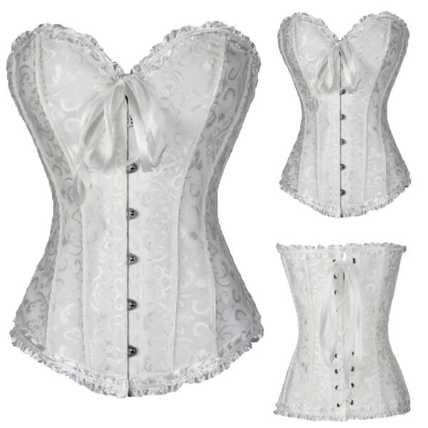 Elegant plus size vintage corset for women in white with satin ribbons and lace trim