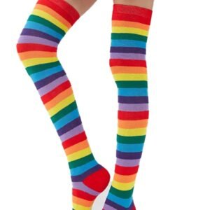 Colorful striped LuckeLadybug rainbow knee high socks for women in vibrant shades