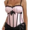 Stylish red black striped overbust corset with lace trim and bow details for a chic look