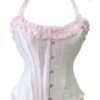 Elegant pink corset shirt with ruffles and bow detail, flattering overbust design
