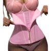Pink corset shirt featuring adjustable straps and a front zipper, perfect for an attractive style with a red black striped overbust corset