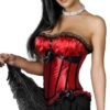 Elegant red black striped overbust corset with lace trim and stylish design for a bold look