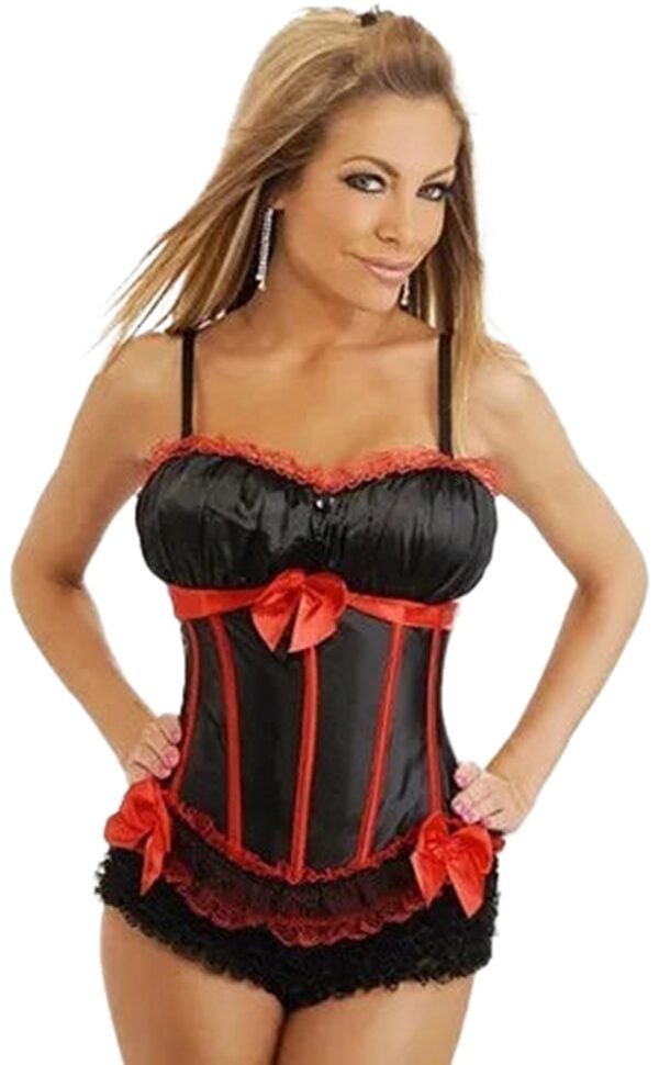 Red Black Striped Overbust Corset Top 24 Red Black Striped Overbust Corset Top Red black striped overbust corset shirt with decorative bows and lace trim for a stylish look