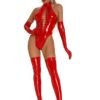 Daring red patent leather lingerie bodysuit with high neck and cut-out detailing for a bold look