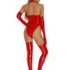 Model wearing a red patent leather lingerie bodysuit with matching gloves and thigh-high boots