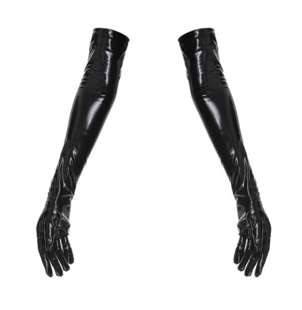 Black long gloves made from shiny material for adding flair to outfits or lingerie sets