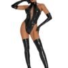 Sleek black lingerie bodysuit with lace-up front and matching thigh-high gloves for seductive style