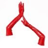 Red patent leather lingerie bodysuit featured with matching long gloves for a striking look