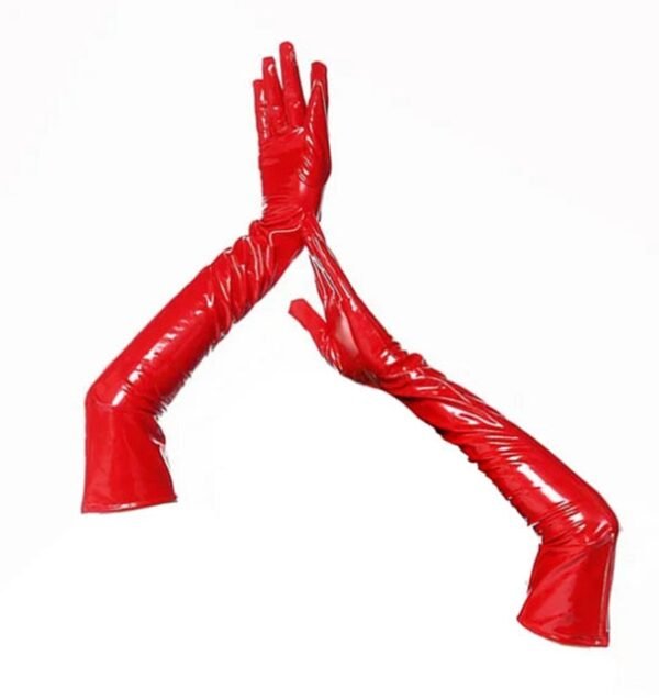 Red patent leather lingerie bodysuit featured with matching long gloves for a striking look