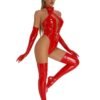 Stylish red patent leather lingerie bodysuit from LuckeLadybug LLC with thigh-high boots and gloves