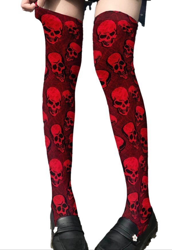 Red Skull Print Thigh High Stockings 13 Red Skull Print Thigh High Stockings Red skull print thigh high stockings by LuckeLadybug LLC featuring a bold skull design