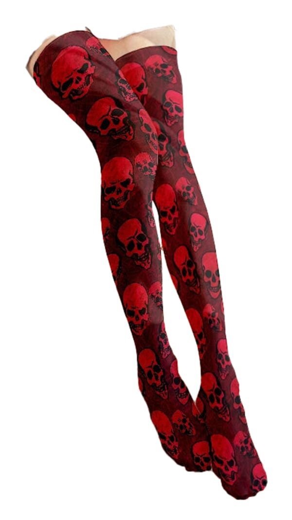 Red Skull Print Thigh High Stockings 14 Red Skull Print Thigh High Stockings Red skull print thigh high stockings featuring a stylish skull design for bold fashion statements