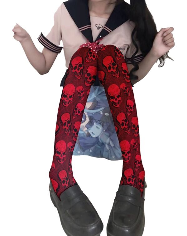Red Skull Print Thigh High Stockings 15 Red Skull Print Thigh High Stockings Red skull print thigh high stockings with a bold design for a stylish and edgy look