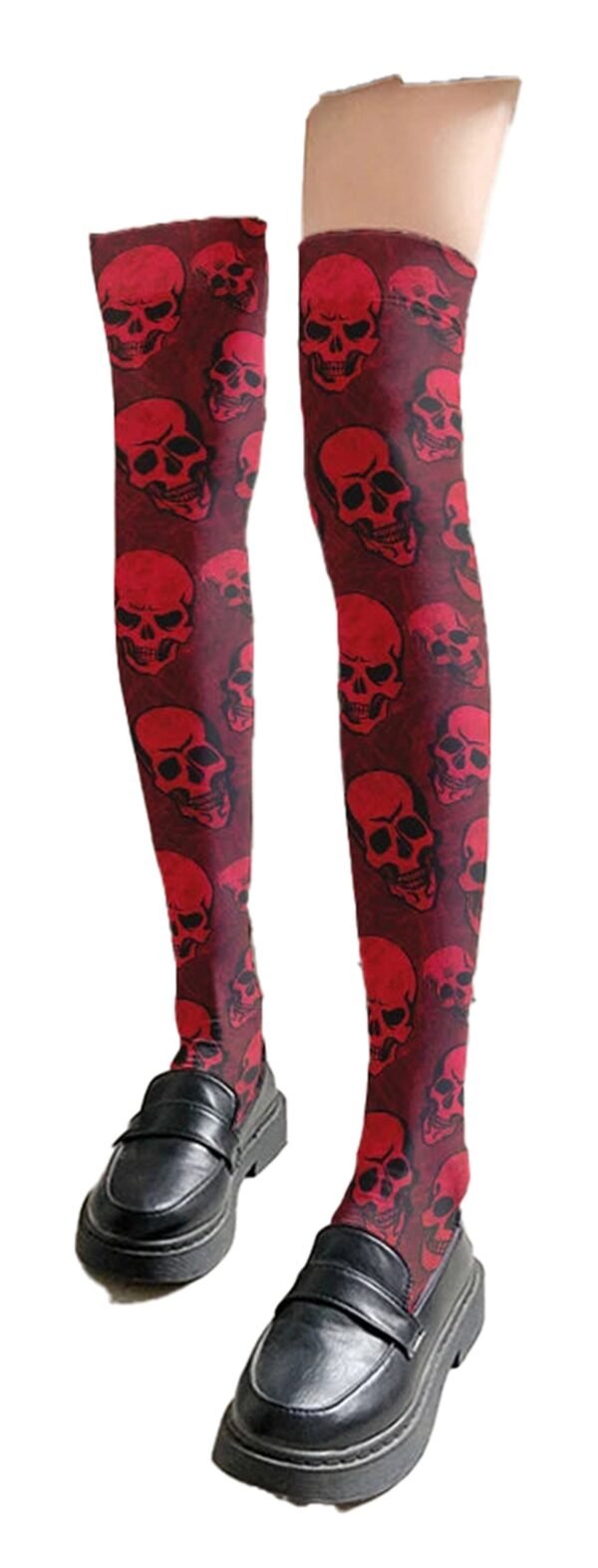 Red Skull Print Thigh High Stockings 16 Red Skull Print Thigh High Stockings Red skull print thigh high stockings from LuckeLadybug LLC featuring a bold skull design