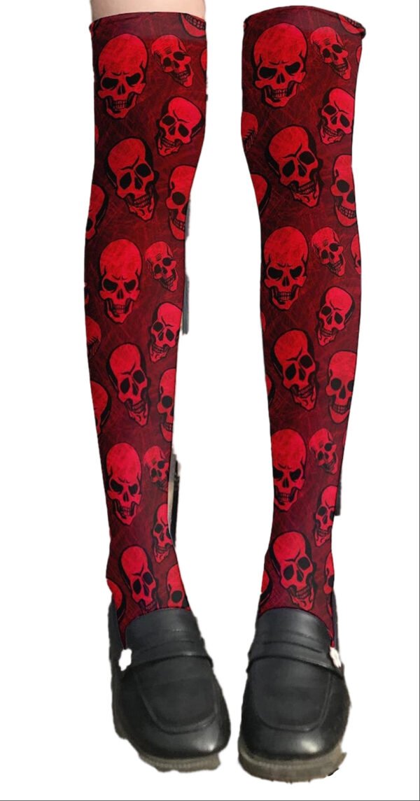 Red Skull Print Thigh High Stockings 18 Red Skull Print Thigh High Stockings LuckeLadybug red skull print thigh high stockings featuring a bold skull design for a stylish look