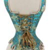 Back view of a blue renaissance corset top for women featuring decorative lacing and elegant design