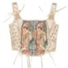 LuckeLadybug LLC Renaissance corset top for women in satin with artistic floral design and lacing detail