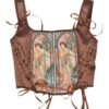 LuckeLadybug LLC Renaissance corset top for women in brown satin with floral design and lace-up details