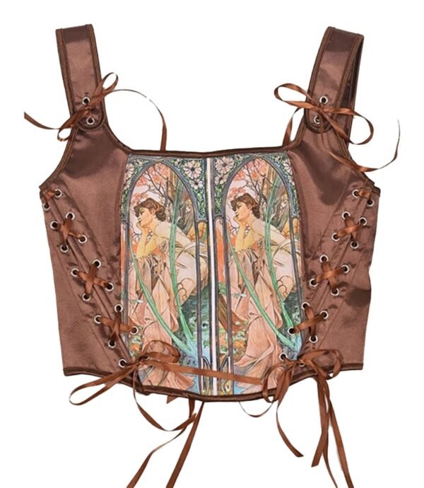 Renaissance Corset Top for Women Stylish Fit 23 Renaissance Corset Top for Women Stylish Fit LuckeLadybug LLC Renaissance corset top for women in brown satin with floral design and lace-up details