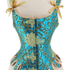 Elegant renaissance corset top for women in blue and gold with ribbon tie details
