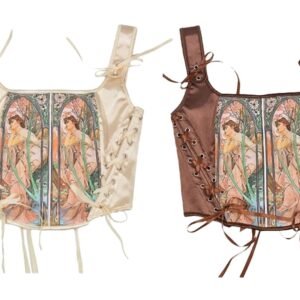 LuckeLadybug LLC Renaissance corset top for women in cream and brown with elegant lace-up details