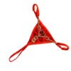 Red rhinestone low rise thongs for women featuring decorative embellishments and a stylish design