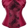 Elegant LuckeLadybug plus size corset top for women in burgundy satin with floral lace detailing